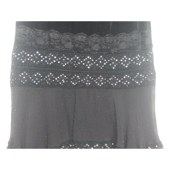 VTG Skirt Black Velvet boho fringed beaded Maxi 90s Michelle Antonelli elastic - Picture 5 of 10